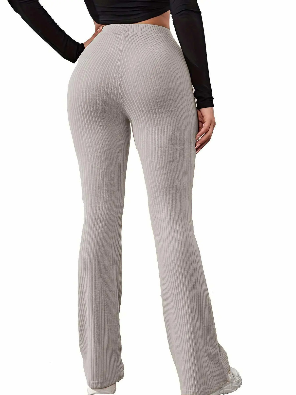 Women'S Plain High Waist Ribbed Flare Leg Pants, Casual Comfy Elastic Waist Wide Leg Bell Bottom Trousers for Summer, Rib Flares Pants, Ladies Bottoms for Daily Wear Rib Flares