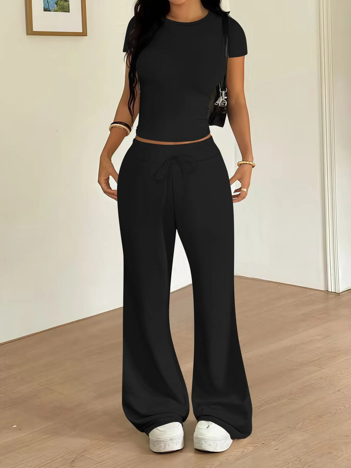 Women'S Casual Basic Minimalist Tight-Fitting Crewneck T-Shirt and Loose Long Pants Two-Piece Lounge Matching Set, Clothes, Spring Summer Fashion, Comfortable and Stylish, Womenswear